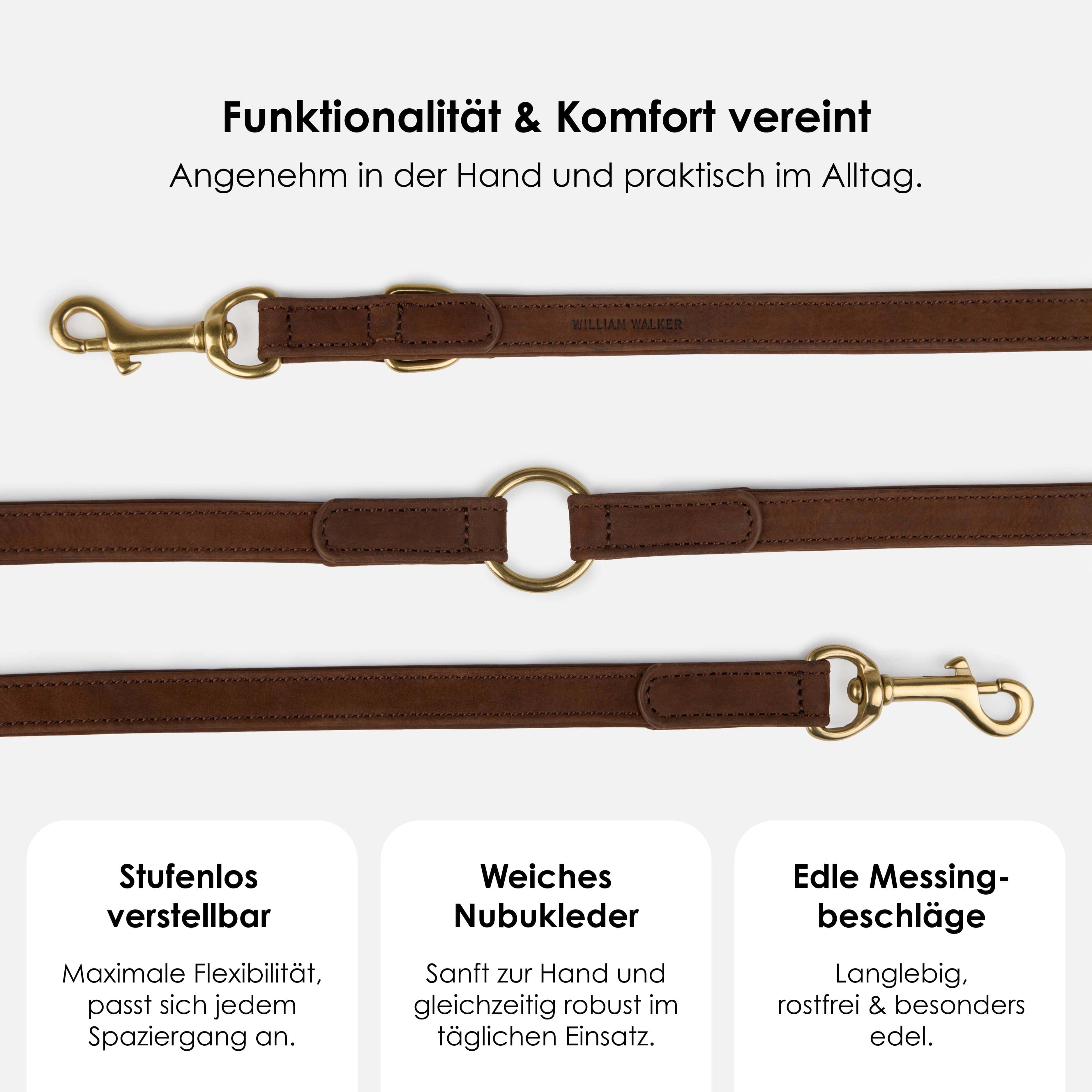William Walker Hundeleine aus wasserfestem Nubukleder stufenlos verstellbar Handsfree
